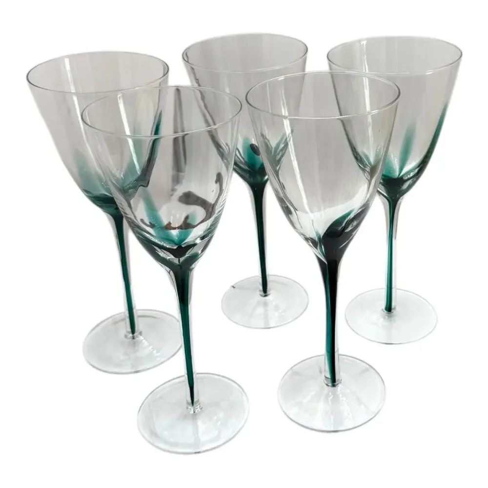 Pier 1 Emmie Crystal Wine‎ Glass Hand Blown Dark Green Filament Stem Barware 9”